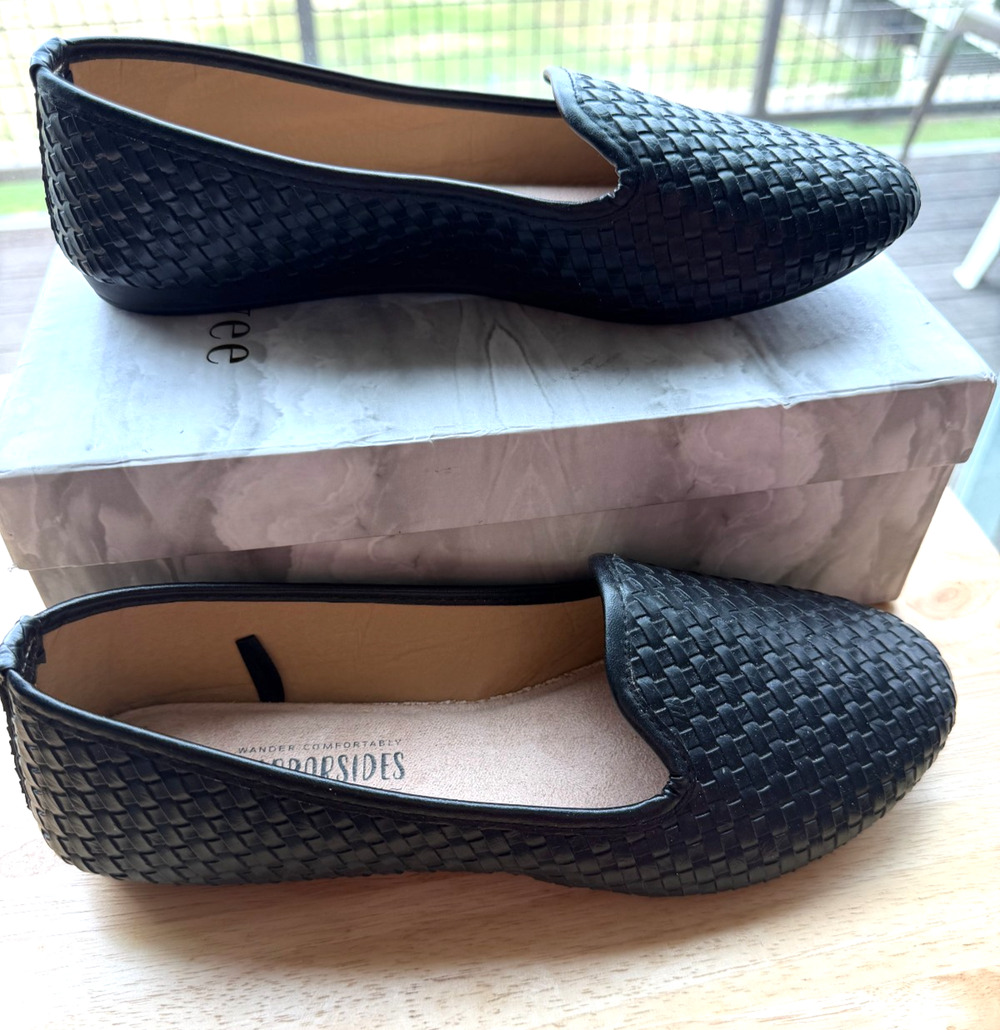 Harborsides Comfort Memory Foam Flat Shoes Black basket weave Faux leather 8